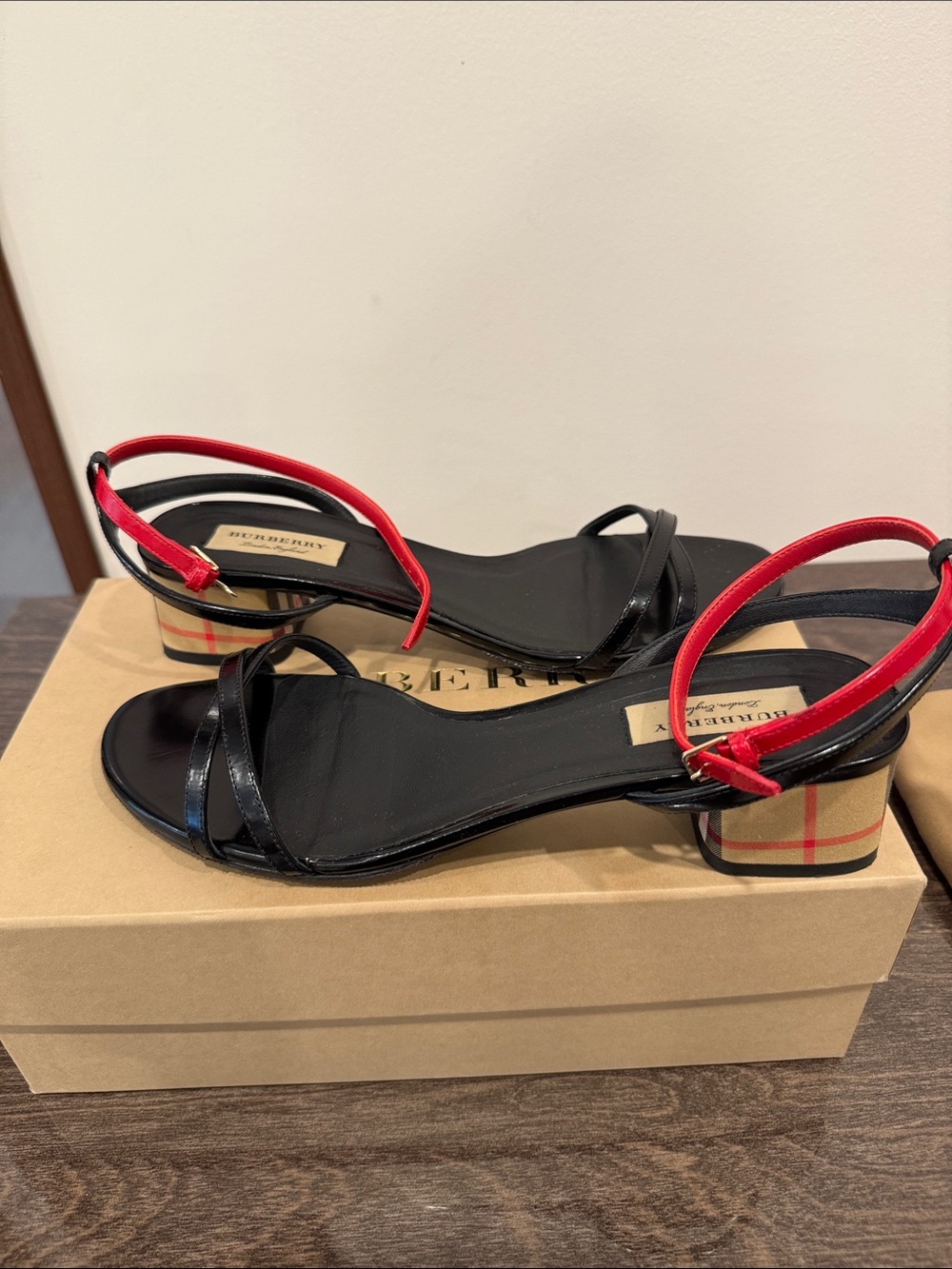 Burberry Black & Red Low Heel Sandals